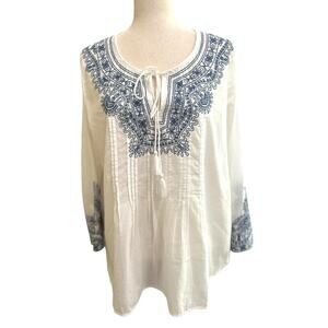 Vineyard Vines Embroidered Pintuck Cotton Tunic Top Size Large Boho Coastal